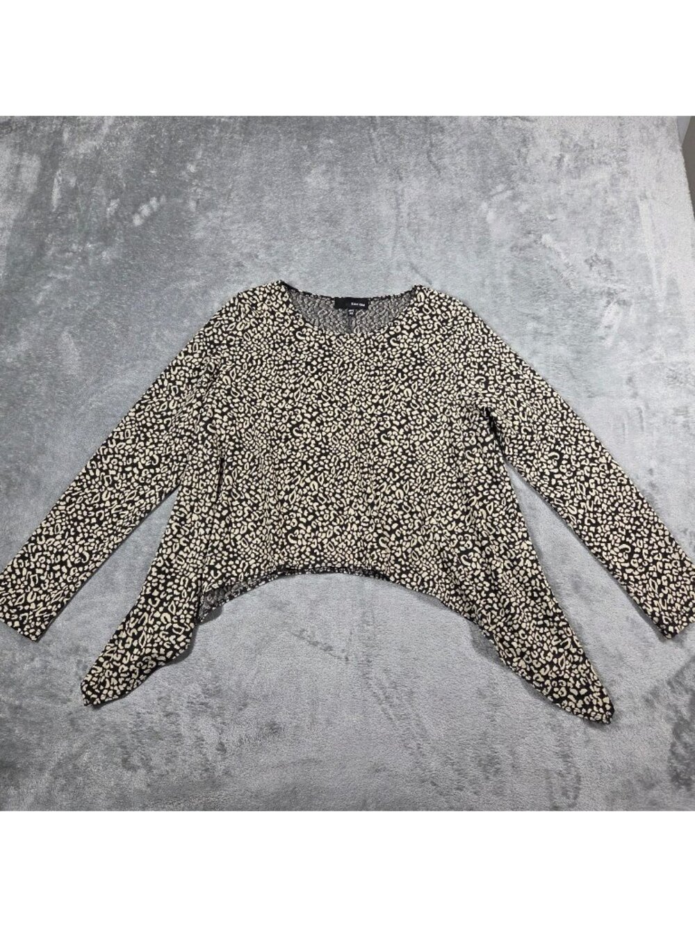 Sun Kim Top XS Black Beige Leopard Animal Print Aruba Topper Blouse Boho Artsy